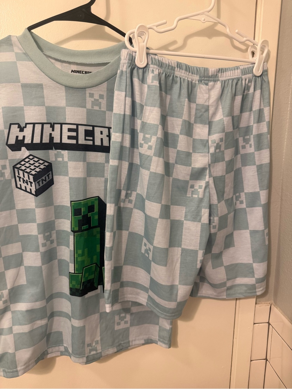 Minecraft Kids Light Blue Checkered Pajama Set with Creeper Graphic